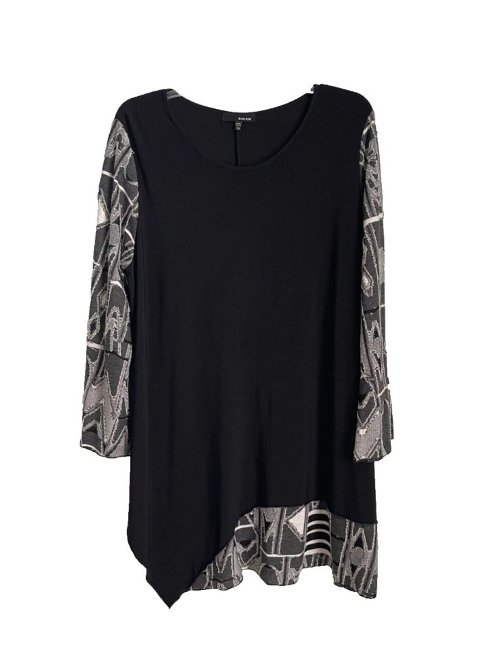 Sun Kim Comfy USA Black Asymmetric Lagenlook Tunic Top Stretch Casual Oversized